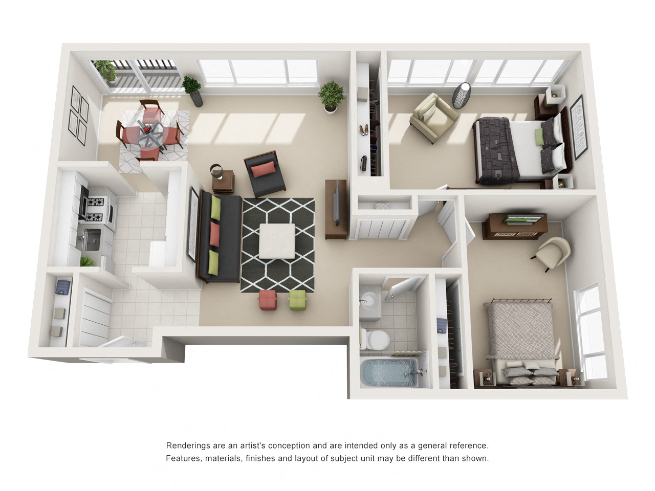 Floor plan for 2 beds, 1 bath, 932 sqft